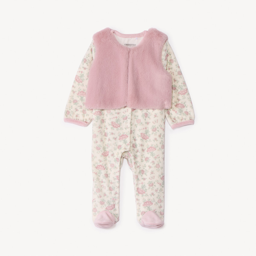 Dors-bien imprimé fleuri + gilet pour bébé fille avec ouvertures différentes selon l'âge 