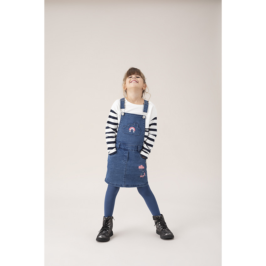 Τζιν φόρεμα σαλοπέτα με used όψη και τσέπη σε σχήμα σύννεφου και κεντήματα 