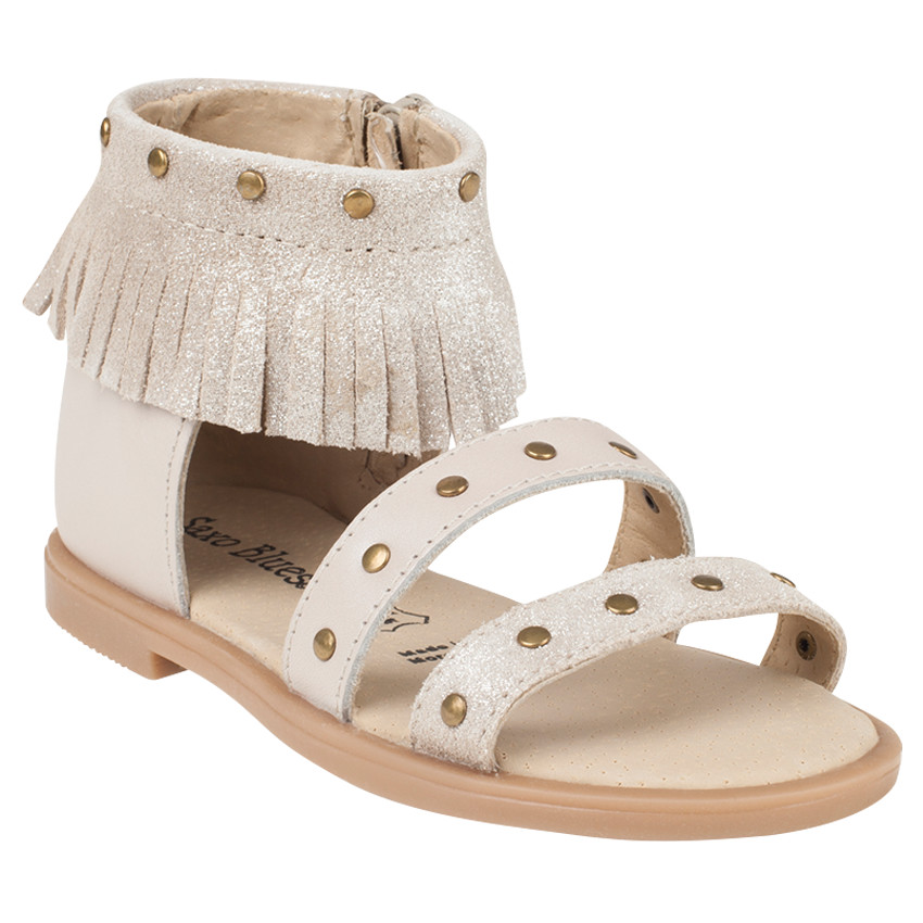 Nu-pieds en cuir beige à paillettes et col à franges 