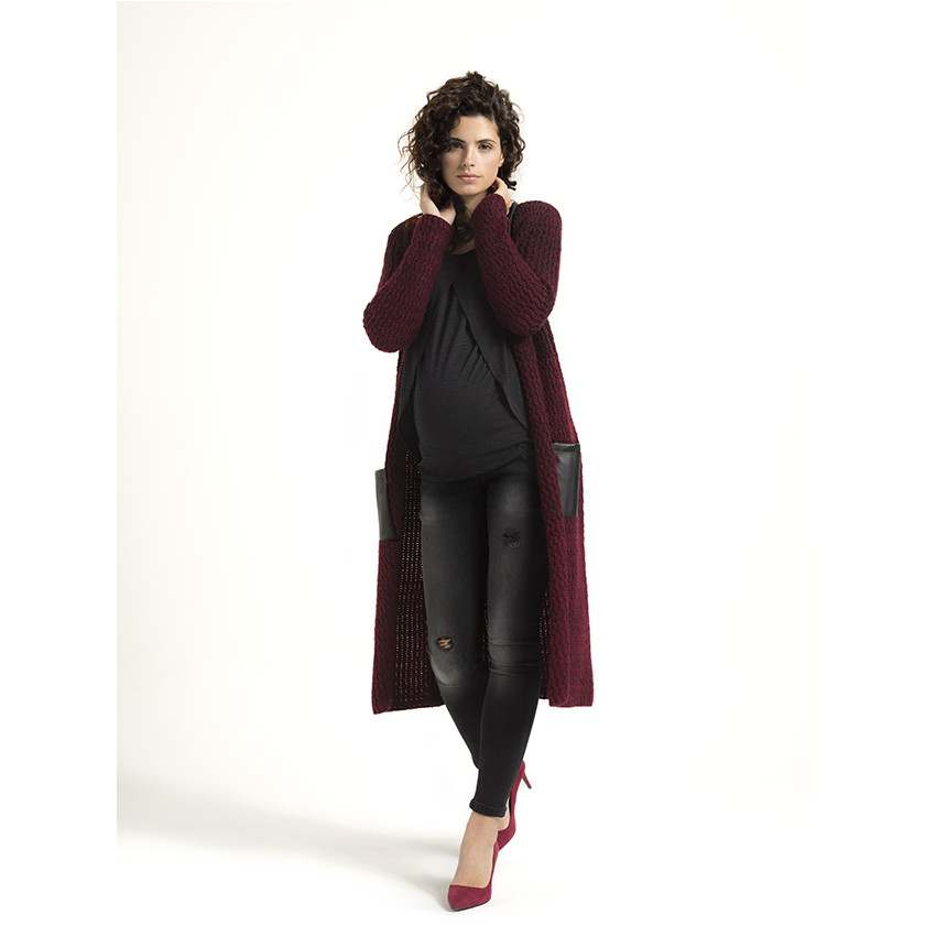 Μακριά Πλεκτή Ζακέτα Εγκυμοσύνης Με Λεπτομέρειες Από Συνθετικό Δέρμα 