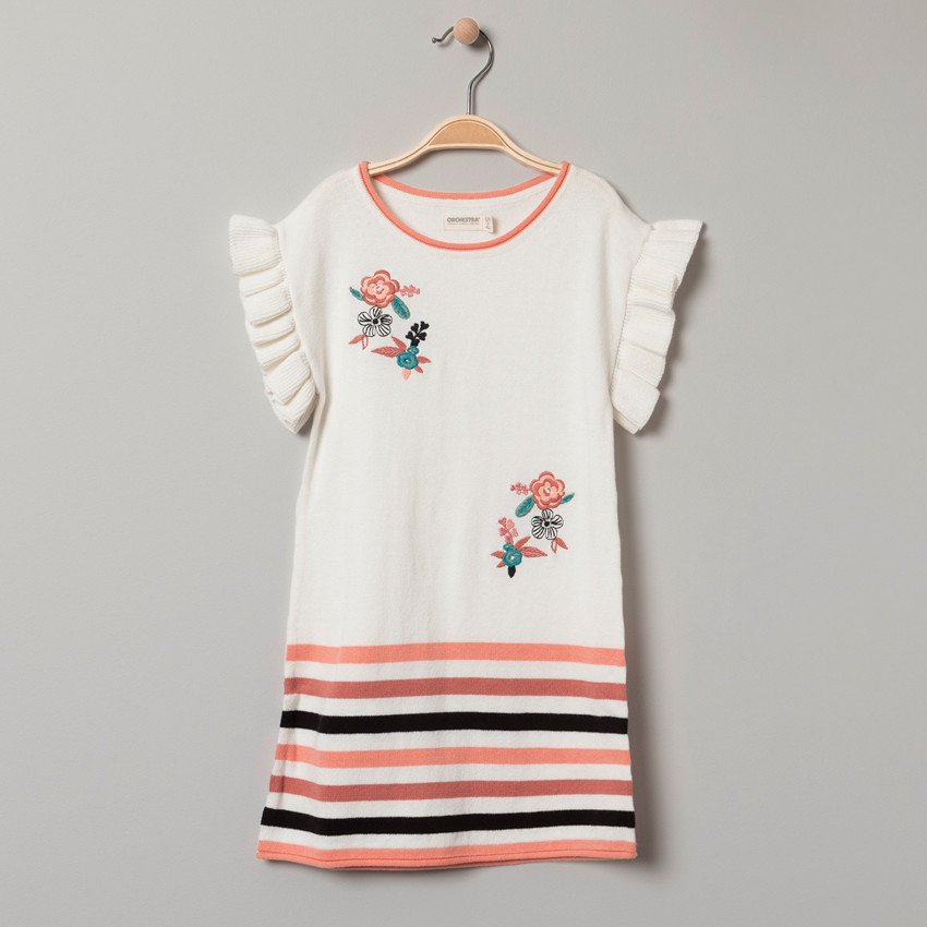 Φόρεμα κοντομάνικο πλεκτό με κέντημα λουλούδια 