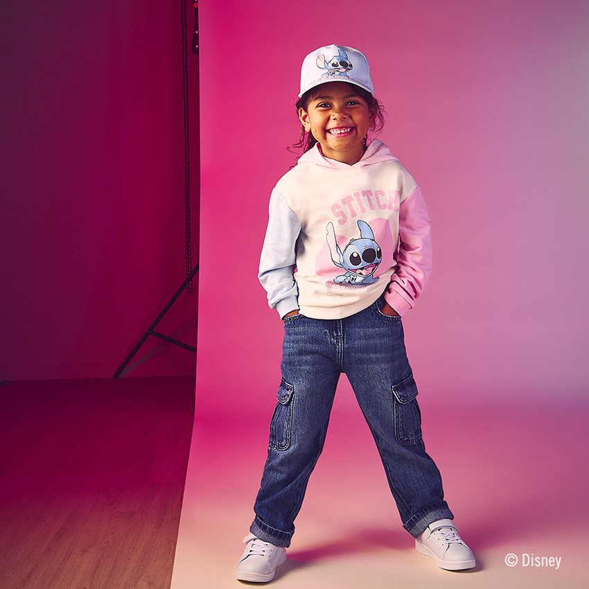Φούτερ με κουκούλα σε χρώματα color block Stitch Disney για κορίτσι 
