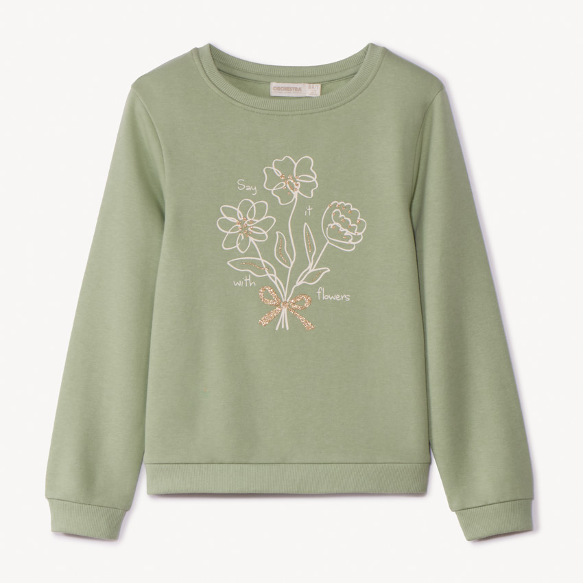 Φούτερ molleton μονόχρωμο με φαντεζί σχέδιο και glitter για κορίτσι 