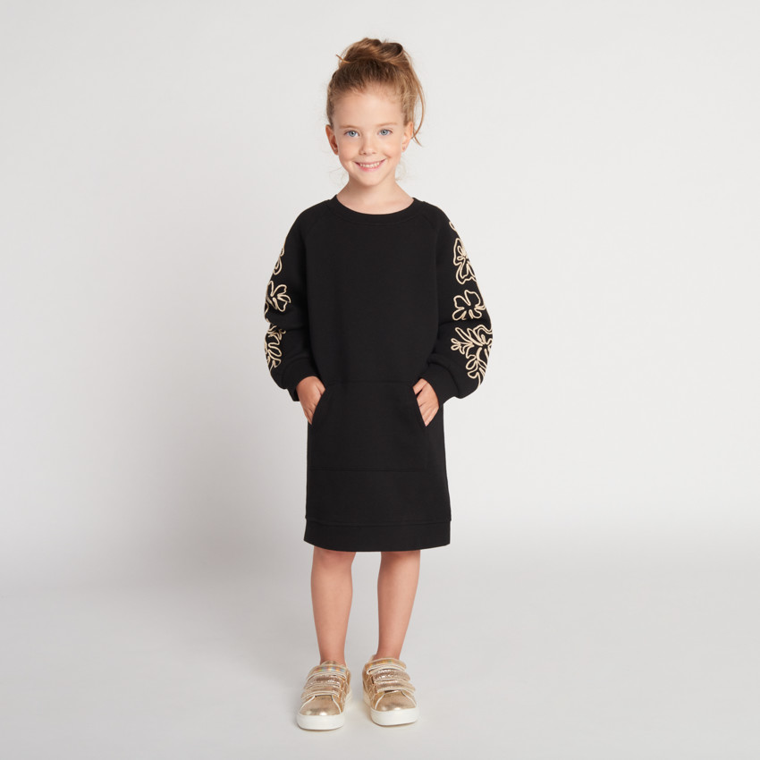 Robe en molleton uni avec manches brodées pour fille 
