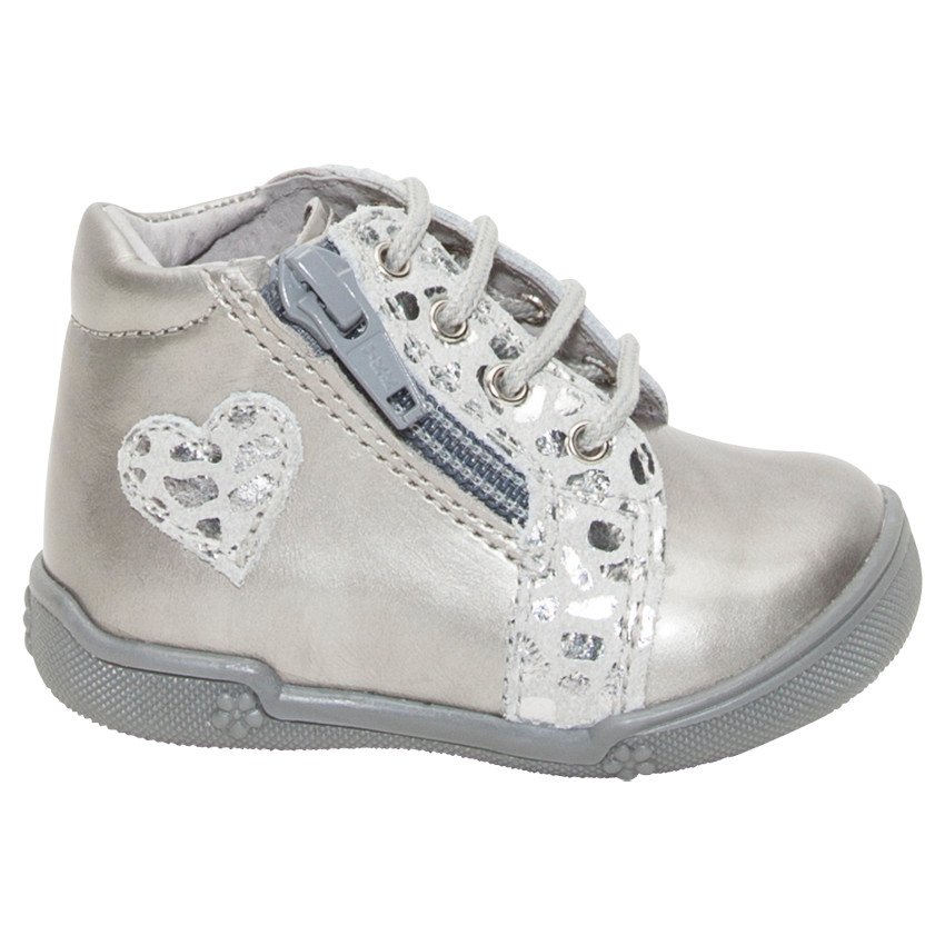 Μποτάκι ασημί δερμάτινα με φερμουάρ και κορδόνια 