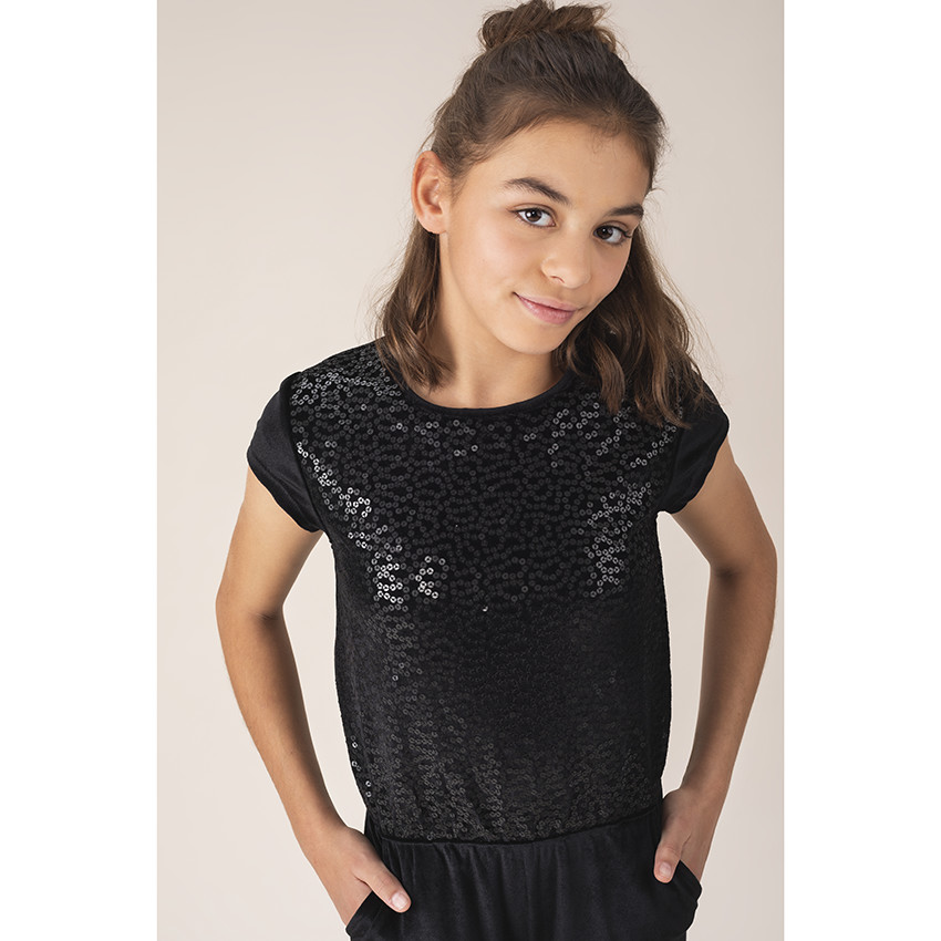 Combinaison longue manches courtes en velours à sequins 