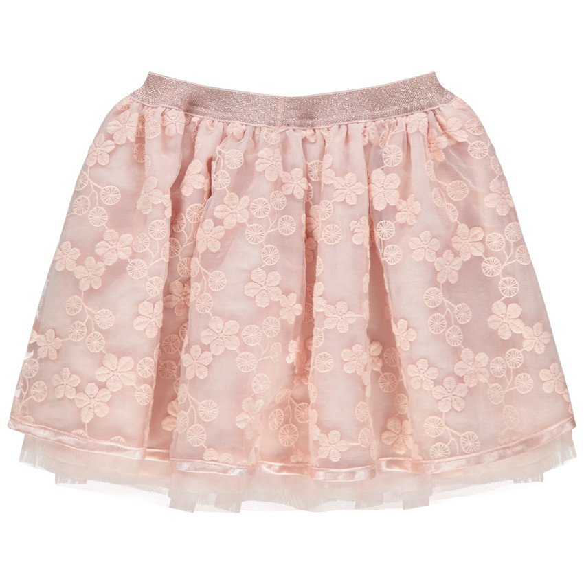 Κοντή φούστα από τούλι με κεντημένα λουλούδια και μεταλλιζέ ζώνη στη μέση 