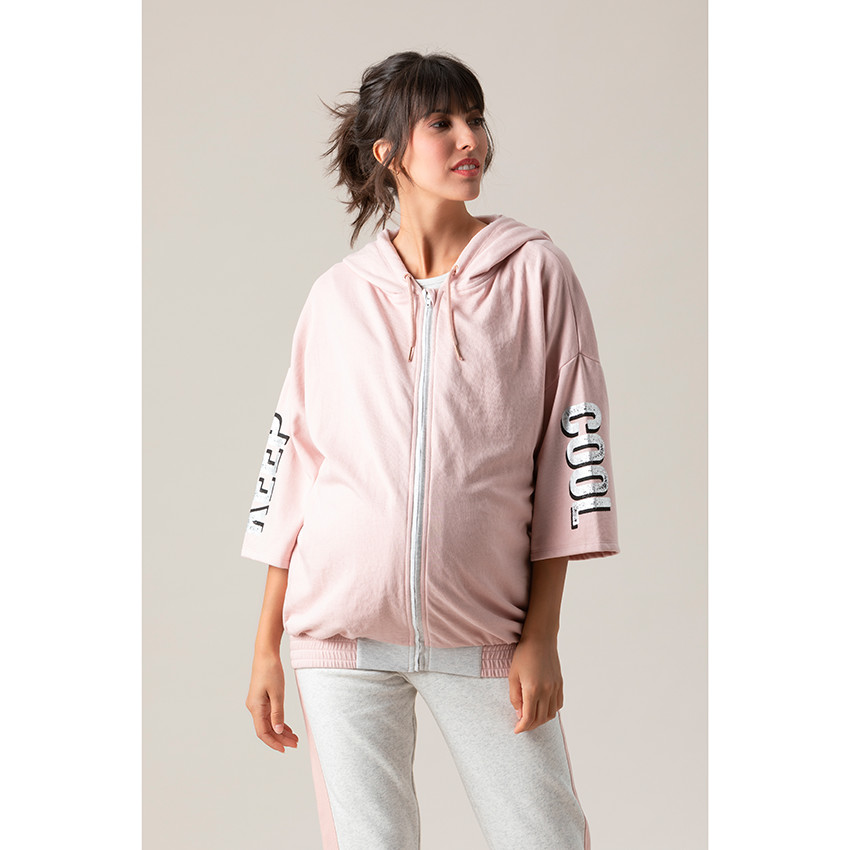 Ζακέτα από φανέλα με φερμουάρ, κουκούλα και τυπωμένες φράσεις 