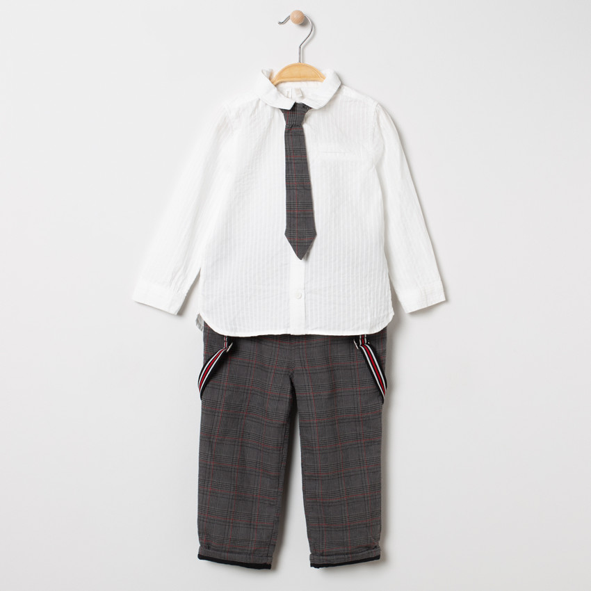 Ensemble cérémonie chemise à cravate + pantalon en Prince de Galles pour bébé garçon 