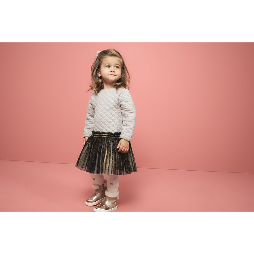 Μακρυμάνικο φόρεμα από δύο υλικά, φανέλα και πλισέ τούλι 