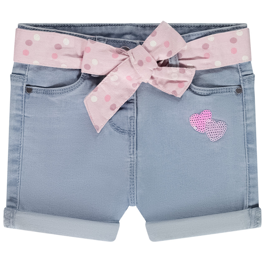Σορτς denim με ζώνη φουλάρι και καρδιές από παγιέτες για bebe κορίτσι 