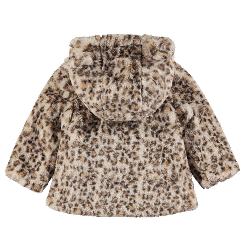 Παλτό με ψεύτικη γούνα με λεοπάρ εφέ και αυτάκια στην κουκούλα. 