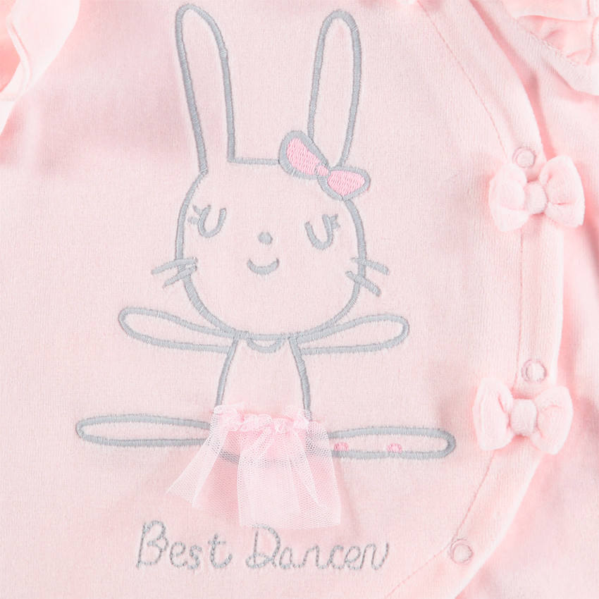 Ροζ βελουτέ φορμάκι ύπνου με κεντημένο λαγουδάκι και φιογκάκια 