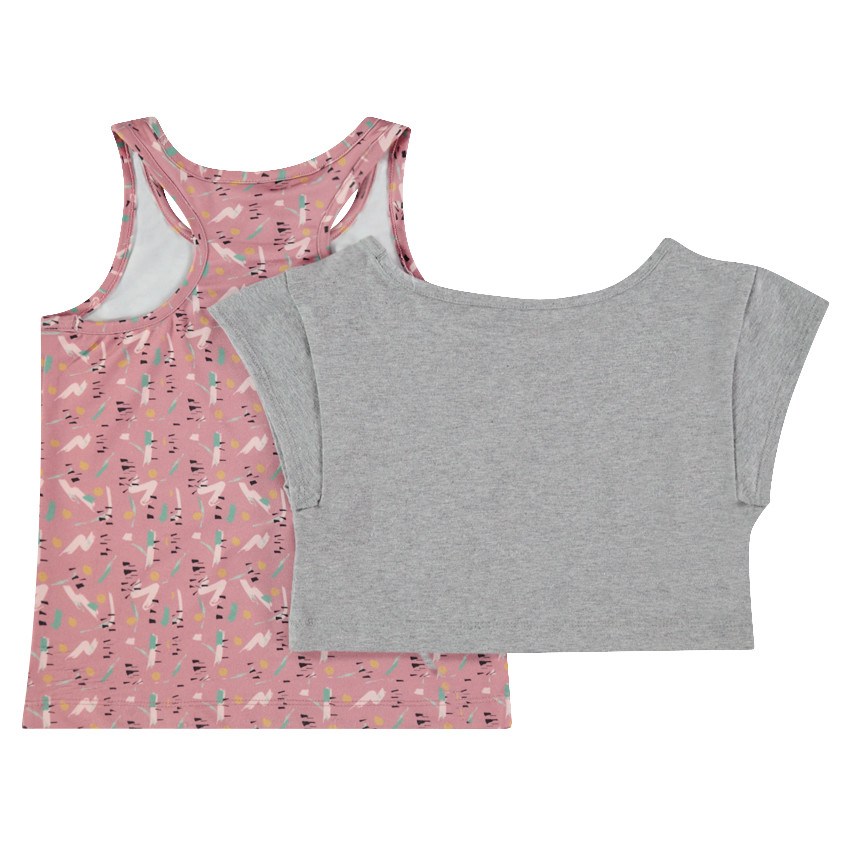 Κοντό τοπ 2 σε 1 με κοντά μανίκια και εμπριμέ αμάνικη μπλούζα  