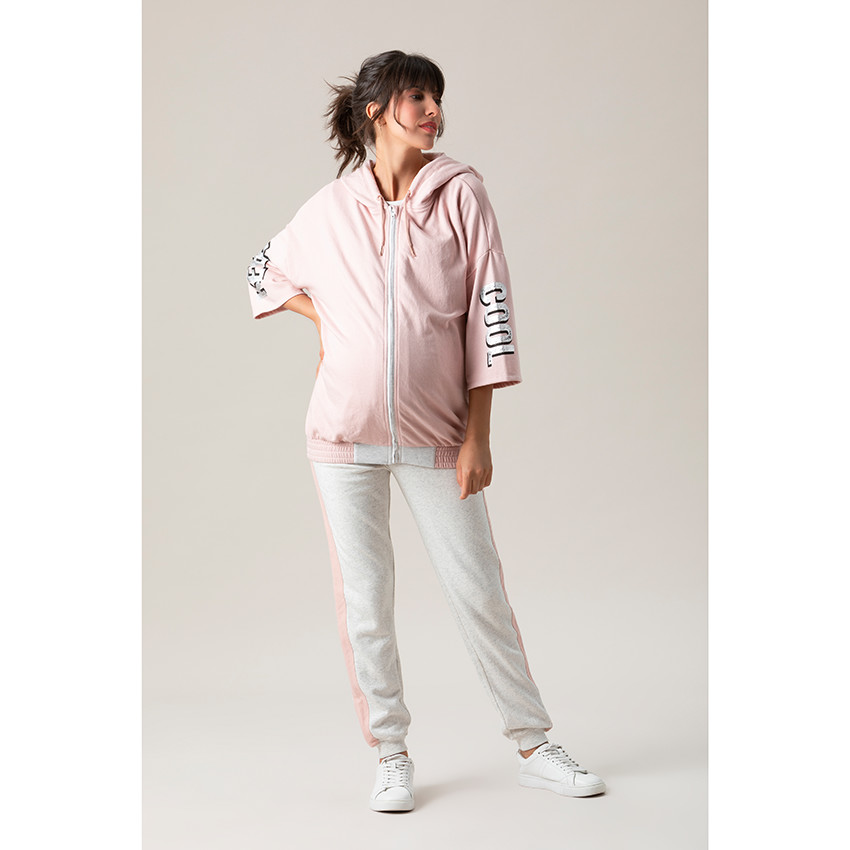 Ζακέτα από φανέλα με φερμουάρ, κουκούλα και τυπωμένες φράσεις 