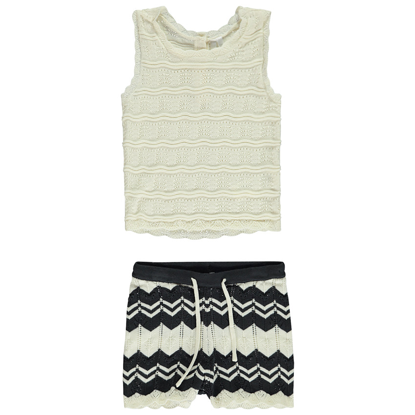 "Σύνολο από πλεκτό αμάνικο μπλουζάκι + σορτς με φαντεζί σχέδιο για bebe κορίτσι" 