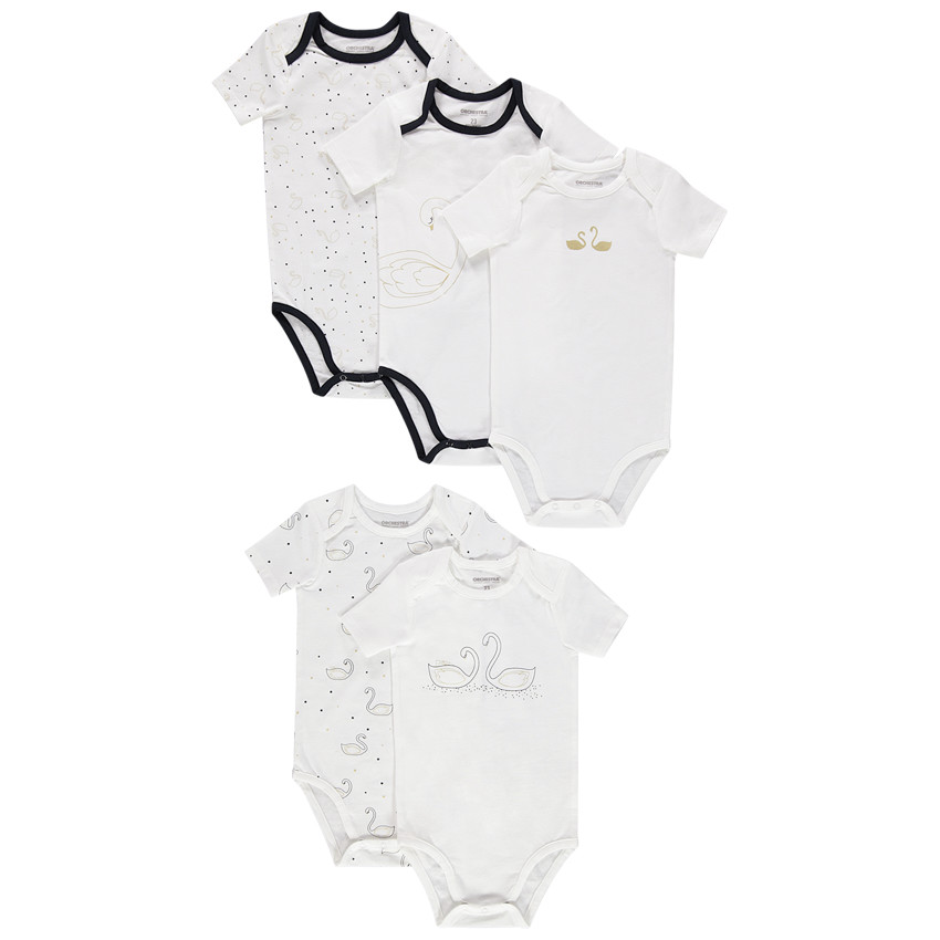 Σετ με 5 κοντομάνικα κορμάκια με στάμπα κύκνους 