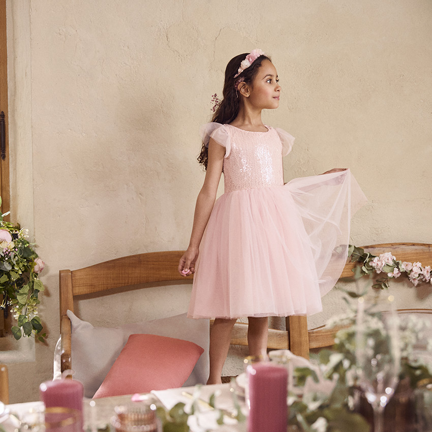 Φόρεμα κοντομάνικο με τούλι και παγιέτες για κορίτσι 