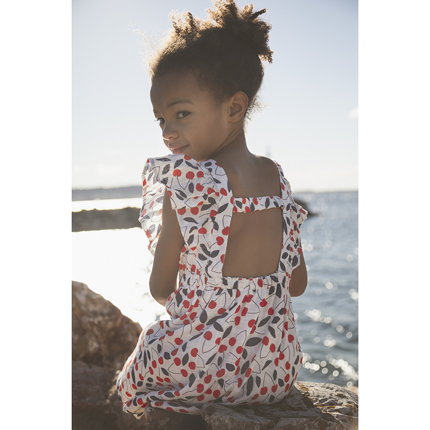 Robe manches courtes volantées imprimé cerises pour fille  