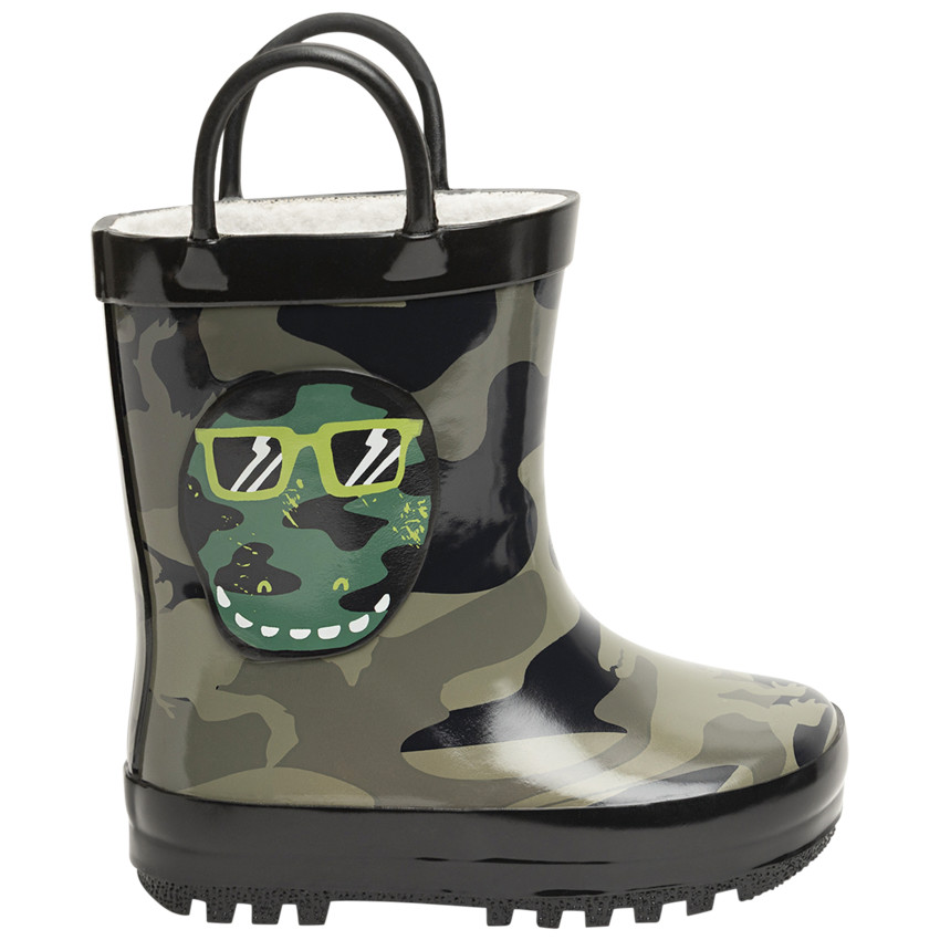 Μπότες βροχής με μοτίβο καμουφλάζ και τύπωμα δεινόσαυρου για αγόρι 