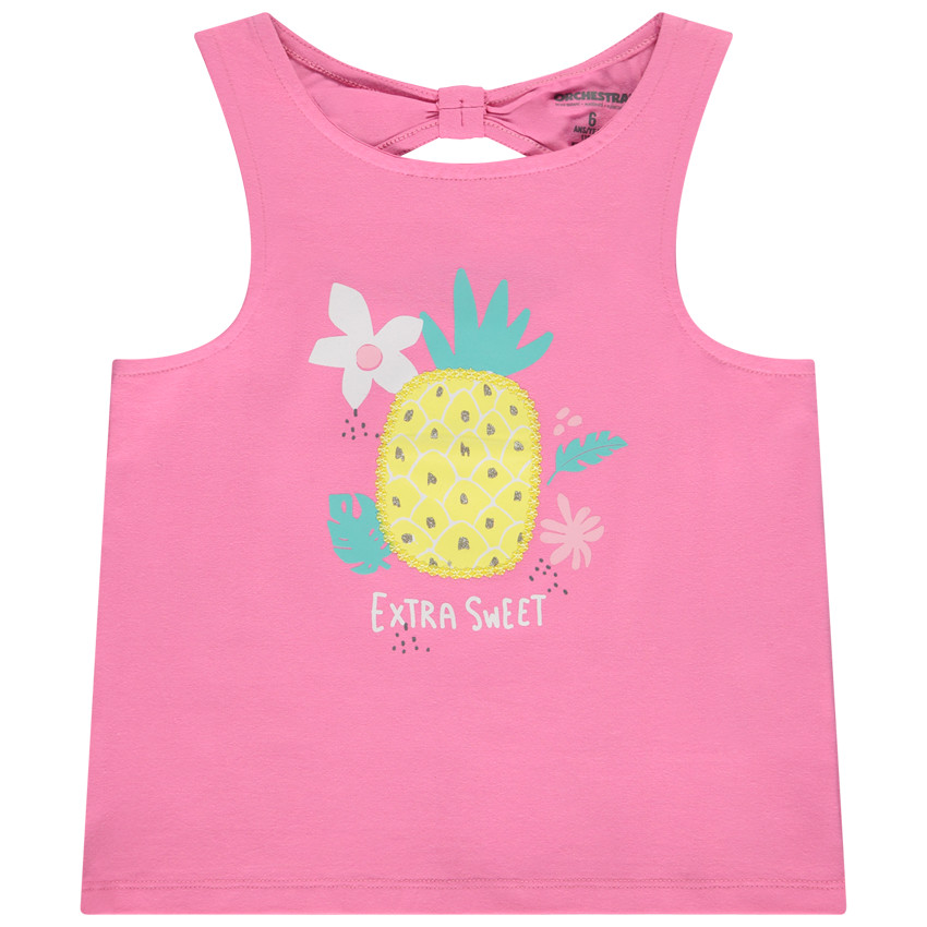 Μπλουζάκι αμάνικο print ananas και ajouré πλάτη για κορίτσι 