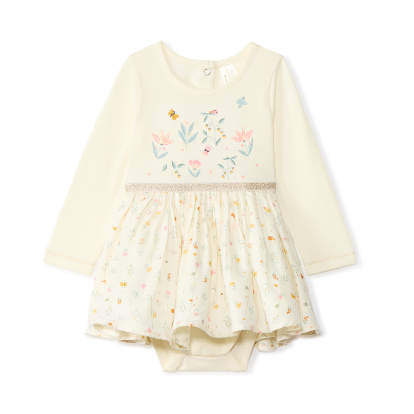 Robe effet 2 en 1 bi-matière motifs floraux pour bébé fille 