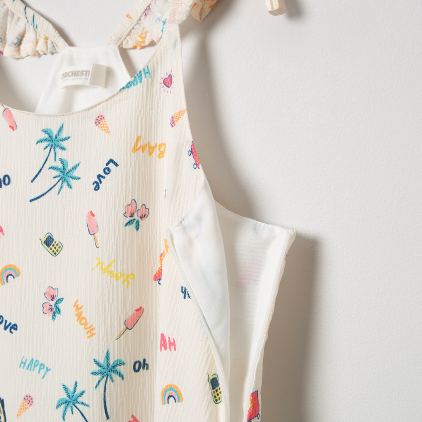 Φόρεμα εμπριμέ με βολάν στις τιράντες και στο κάτω μέρος   