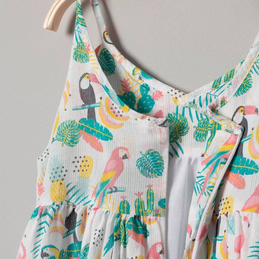 Φόρεμα με λεπτές τιράντες και τροπική εκτύπωση 