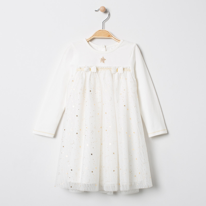 Robe manches longues à tulle et étoiles dorées  