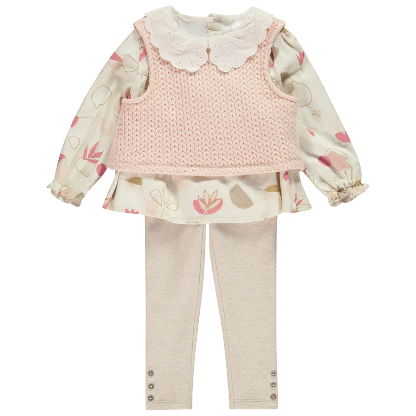 Σύνολο μπλούζας + αμάνικου πουλόβερ και μονόχρωμου κολάν για μωρό κορίτσι 