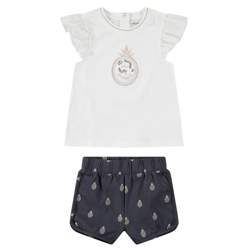 Σύνολο κοντομάνικη μπλούζα με βολάν στα μανίκια και σορτς με μεταλλιζέ ανανάδες 