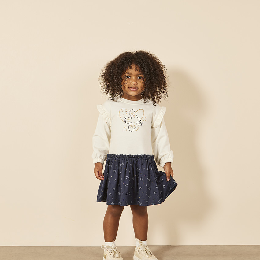 Φόρεμα bi-matière effet 2-σε-1 print πουλί για bebe κορίτσι 