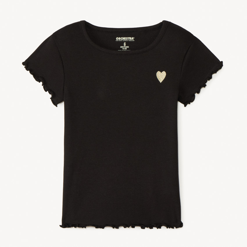 Κοντομάνικο T-shirt από πλεκτό με κέντημα καρδιά κορίτσι 