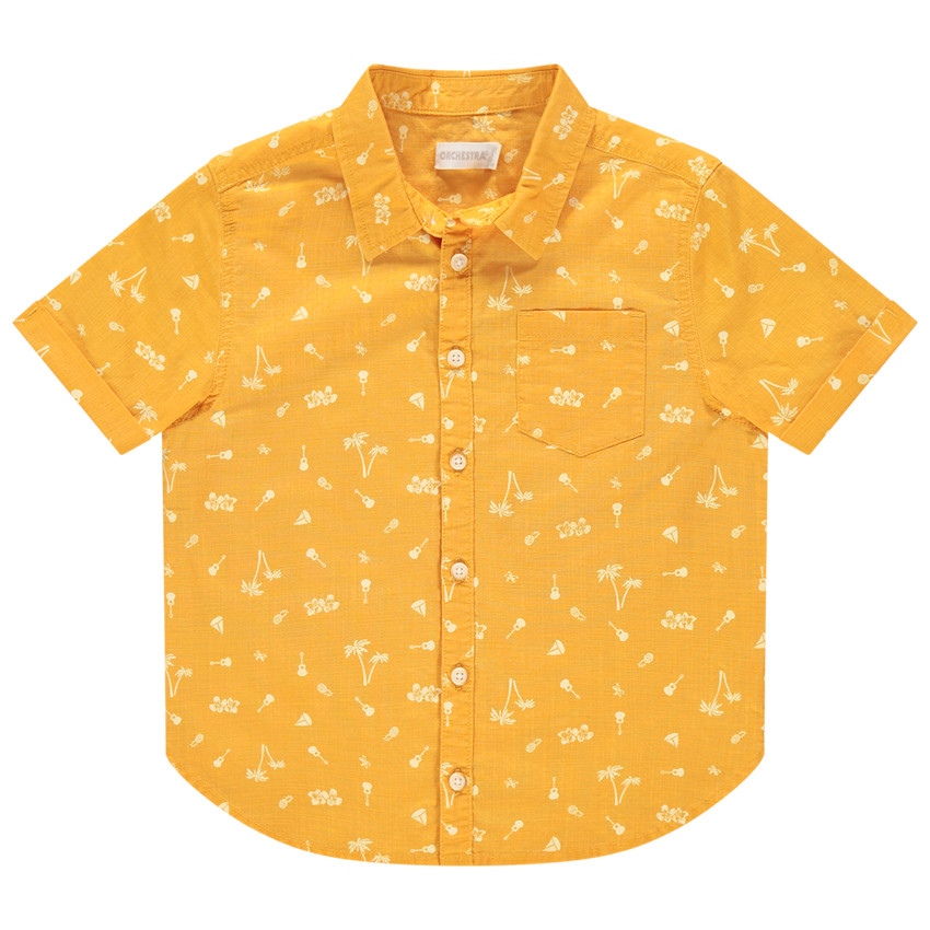 Πουκάμισο κοντομάνικο κίτρινο με σχέδιο φαντεζί σε όλη την επιφάνεια 