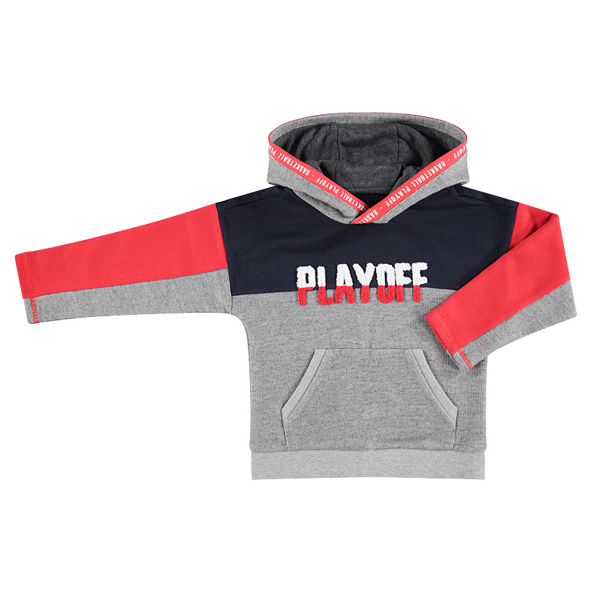 Τρίχρωμο φούτερ με κουκούλα και μπουκλέ φράση 