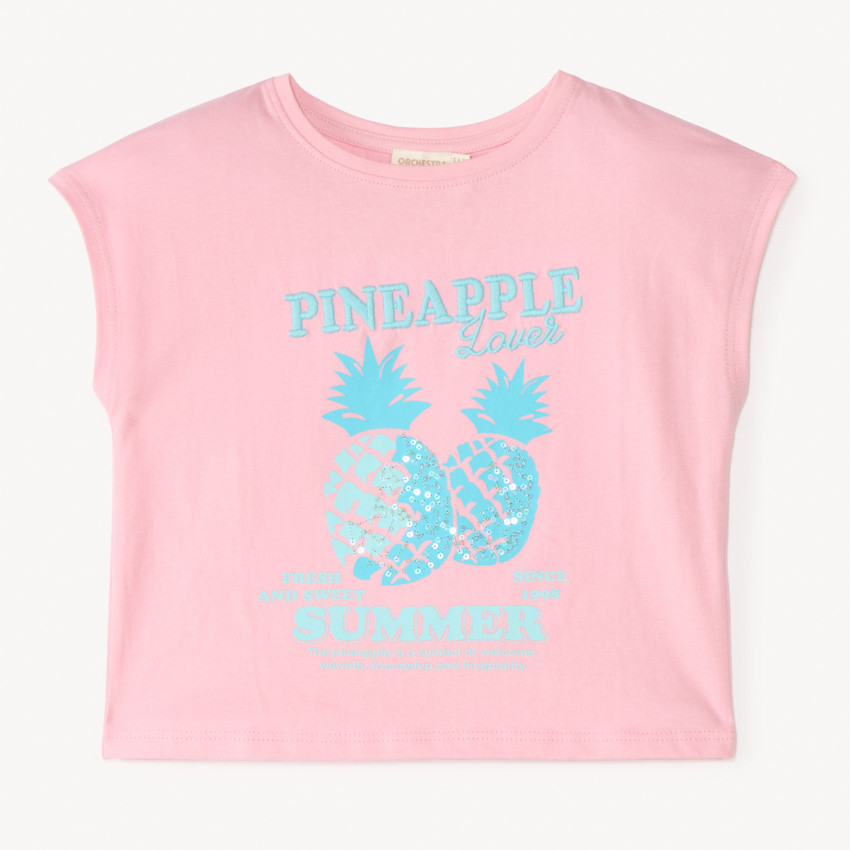 T-shirt με κοντά μανίκια με εκτύπωση ανανά και κέντημα με παγιέτες για κορίτσι 