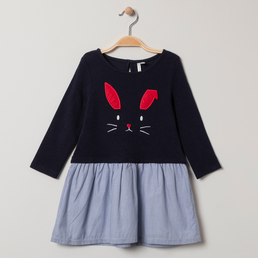 Robe effet 2 en 1 manches longues broderie lapin 