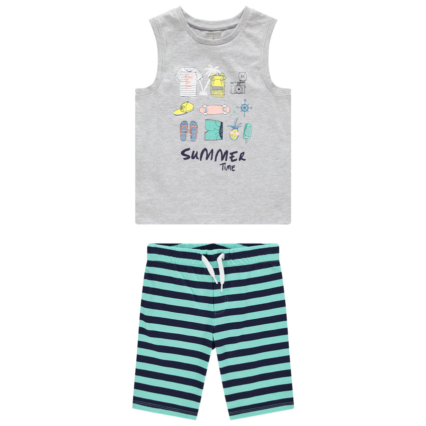 Σέτ με αμάνικο μπλουζάκι καλοκαιρινής διάθεσης και ριγέ βερμούδα 