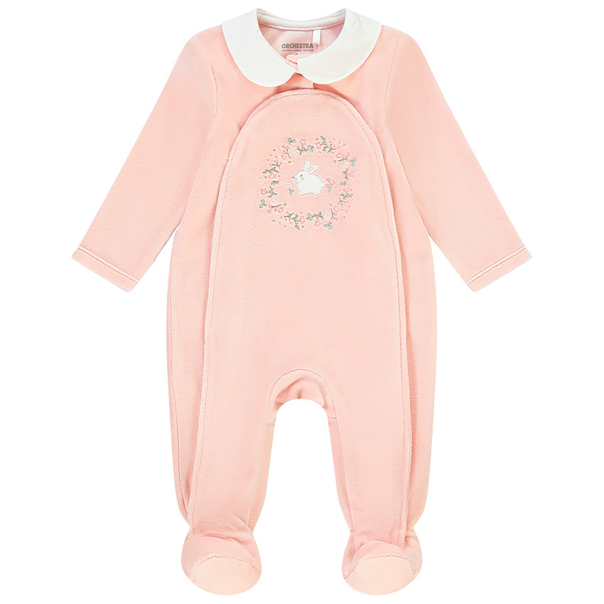 Dors-bien en velours col claudine et broderies pour bébé fille 