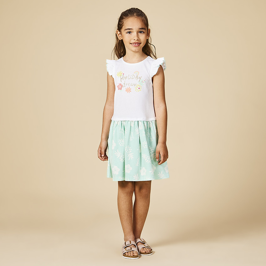 Φόρεμα κοντομάνικο effet 2 en 1 print με γκλίτερ για κορίτσι 