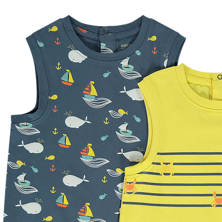 Lot de 4 combinaisons courtes imprimé crabe/voilier/baleine pour bébé garçon Main Lot de 4 combinaisons courtes imprimé crabe/voilier/baleine pour bébé garçon