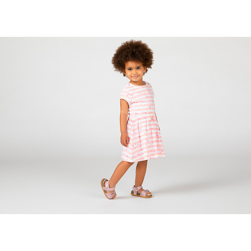Robe manches courtes à rayures et imprimé flamants roses pour bébé fille 