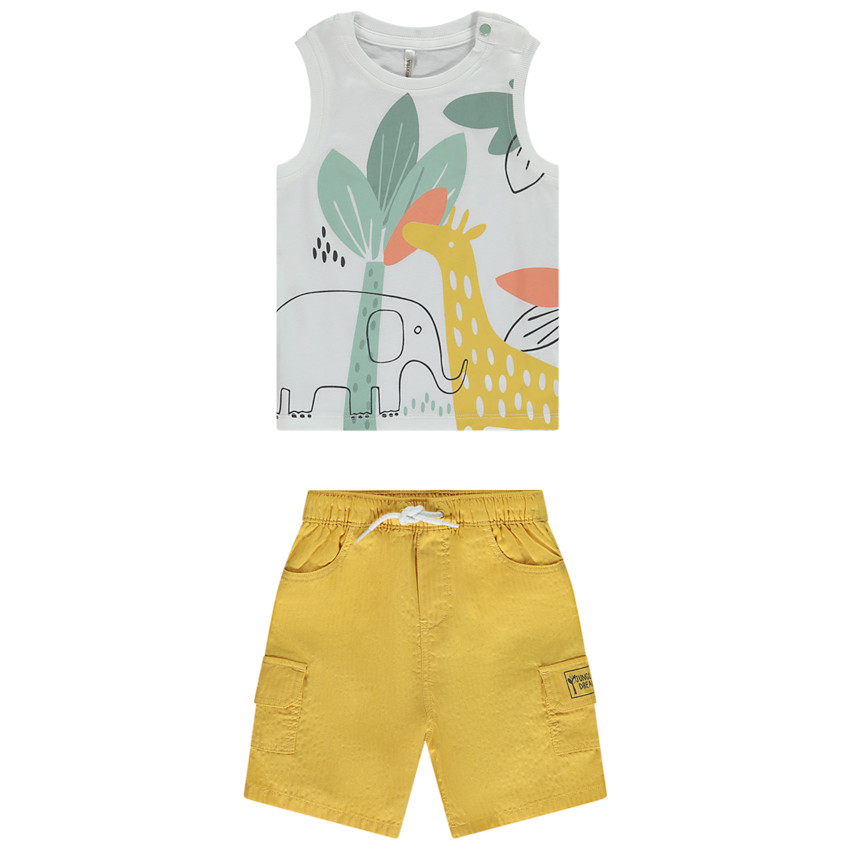 Σετ μπλουζάκι αμάνικο print ζωάκια της σαβάνας + βερμούδα για bebe αγόρι 