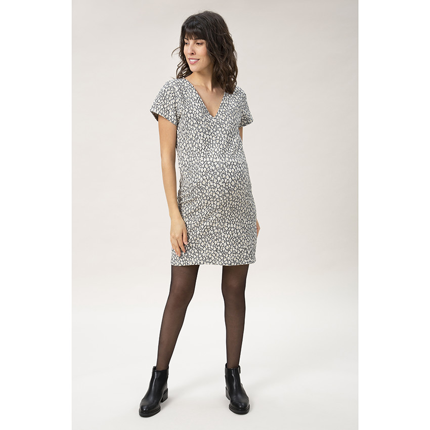 Κοντομάνικο φόρεμα εγκυμοσύνης με ζακάρ μοτίβο και χρυσαφί λεπτομέρειες 