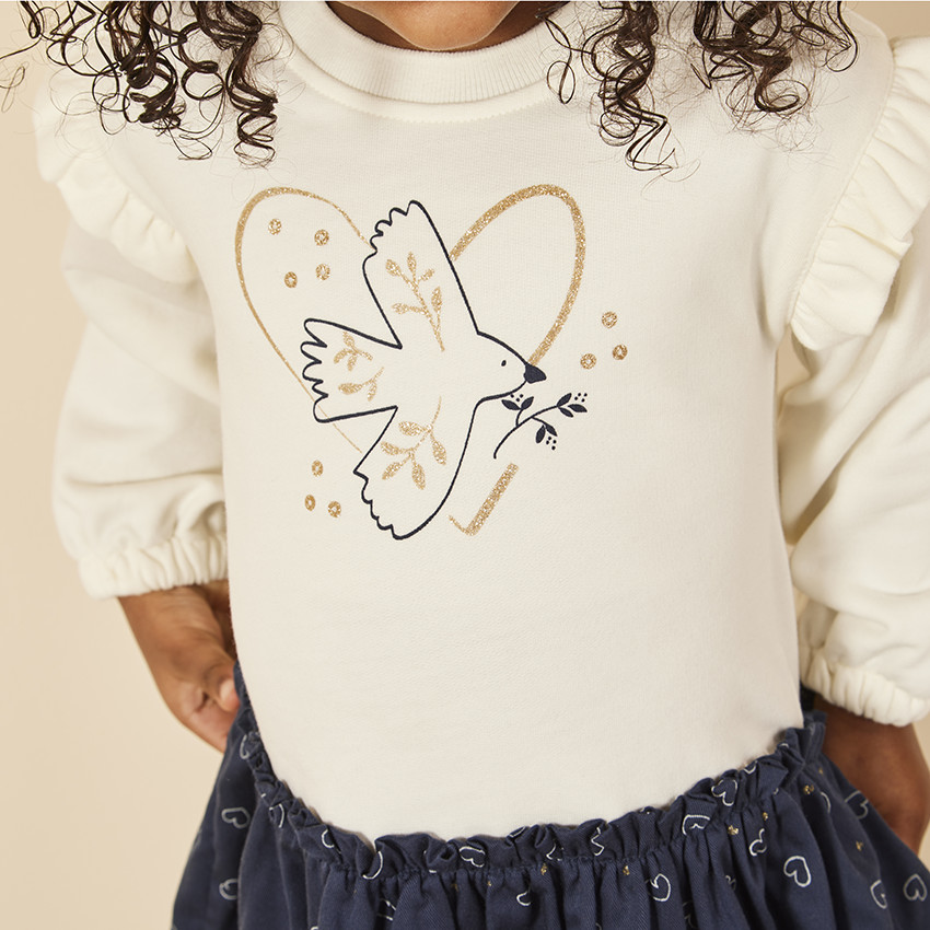 Φόρεμα bi-matière effet 2-σε-1 print πουλί για bebe κορίτσι 