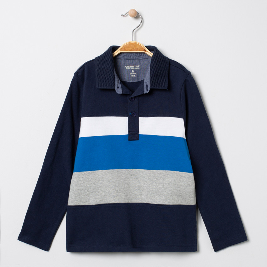 Polo manches longues à bandes contrastées et col texturé 