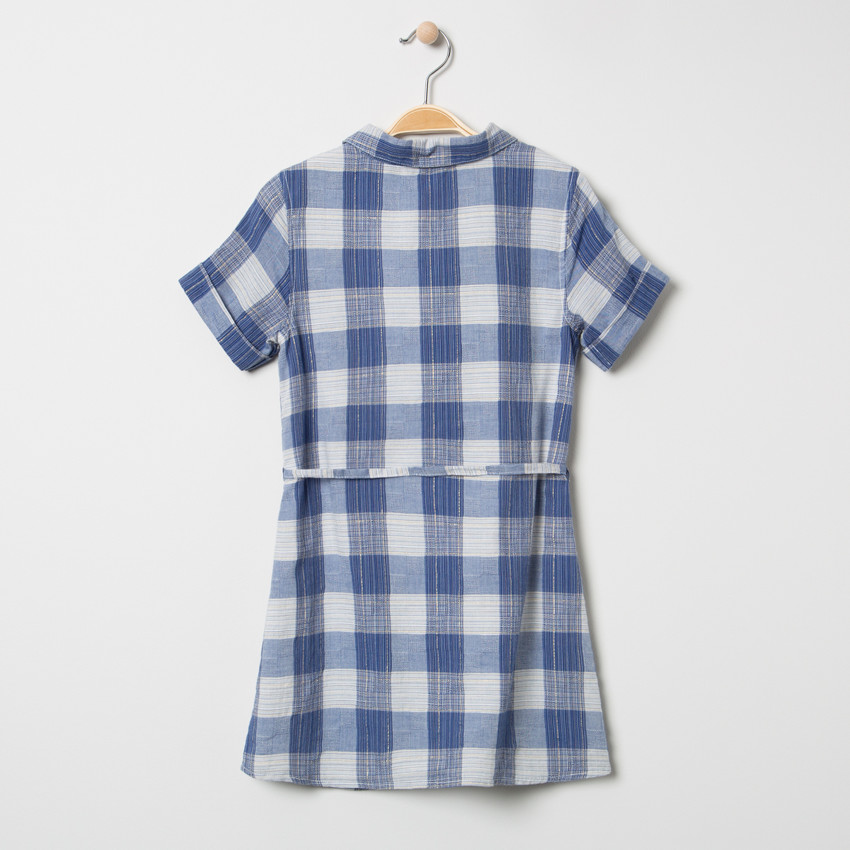 Κοντομάνικο σεμιζιέ φόρεμα με καρό και απλικέ σήματα 