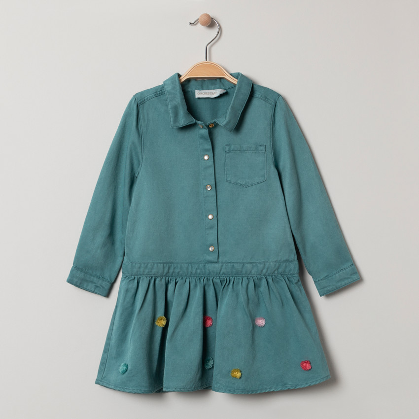 Μακρυμάνικο φόρεμα σε σχήμα πουκαμίσου με πολύχρωμα πομ-πομ στο κάτω μέρος  Additional Μακρυμάνικο φόρεμα σε σχήμα πουκαμίσου με πολύχρωμα πομ-πομ στο κάτω μέρος