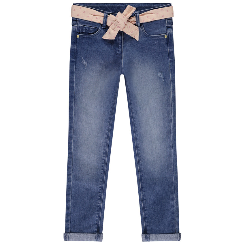 Τζιν slim εφέ φθοράς με ζώνη φουλάρδου για κορίτσι 