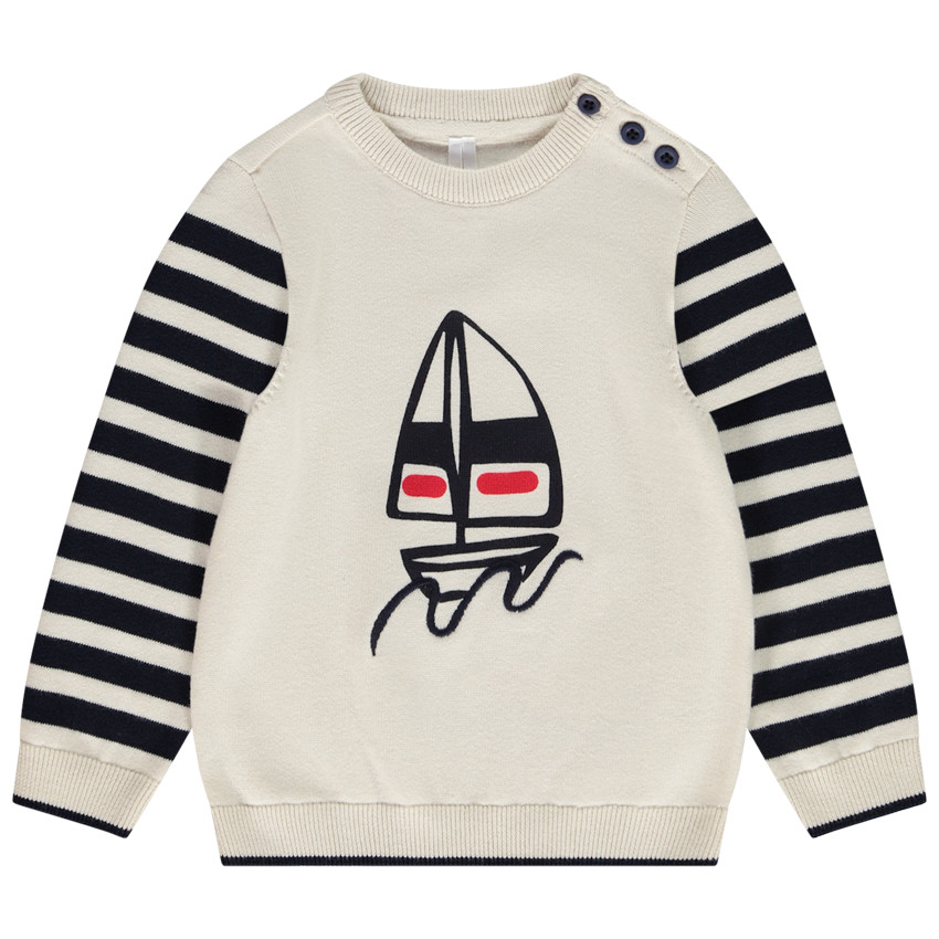 "Πουλόβερ με ριγέ μανίκια και σχέδιο ιστιοφόρου για μωρό αγόρι" 
